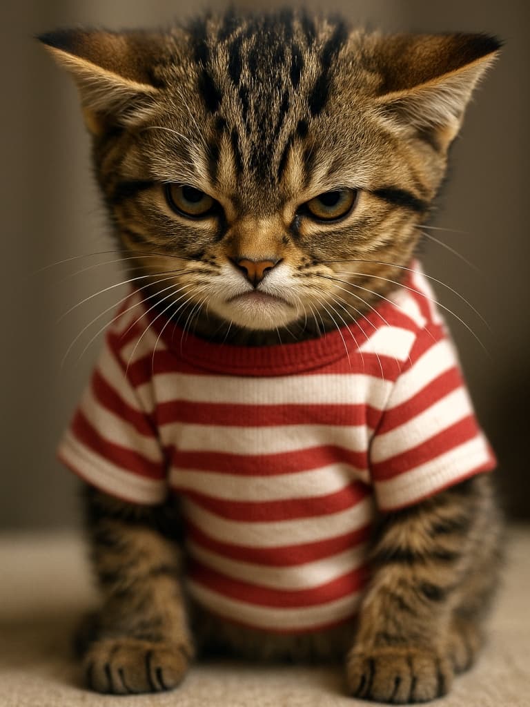 赤と白の横縞シャツを着た若いキジトラ猫が、怒った表情で正面を見つめている。背景はぼかされ、猫が主役として際立っている