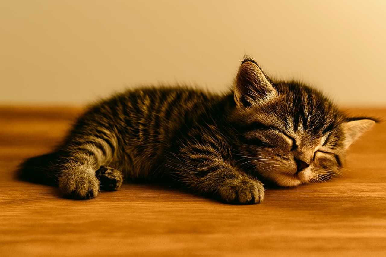 Palm-sized tabby kitten sleeping peacefully on a wooden surface, horizontal composition with warm atmosphere.　手のひらサイズの子猫が木の上で安心してすやすや眠っている写真。横長構図で温かい雰囲気