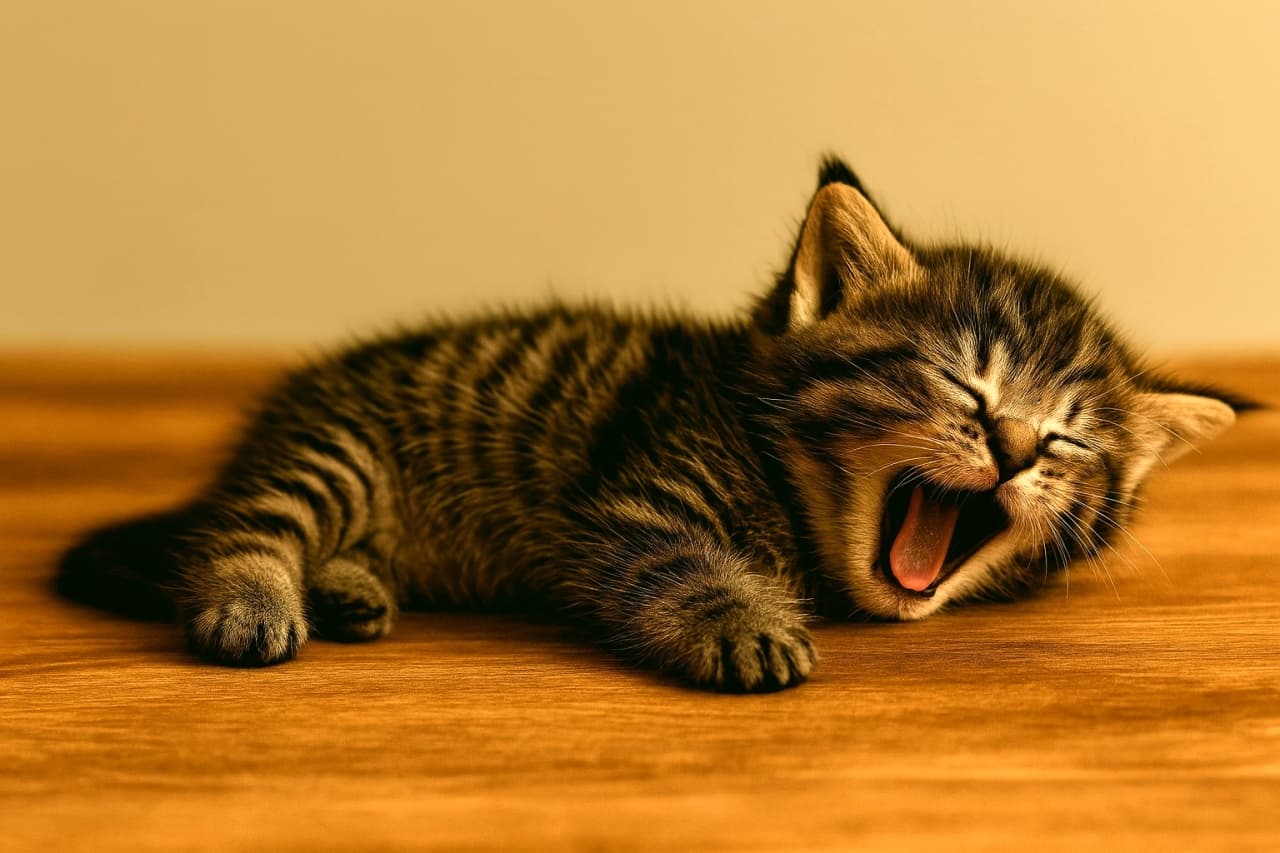 Palm-sized tabby kitten dozing off on a wooden surface, captured at the moment it lies down to sleep, with warm soft lighting.　手のひらサイズの子猫が木の上で眠気に負けて横になり、寝落ちする瞬間をとらえた写真。柔らかな光と温かい雰囲気