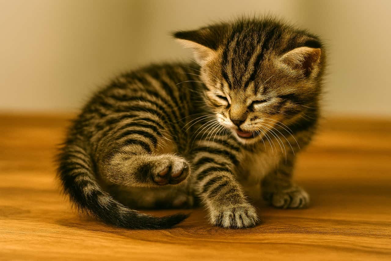 小さな子猫が自分のしっぽを見つけて夢中でクルクル回り、手のひらサイズ感が伝わる姿