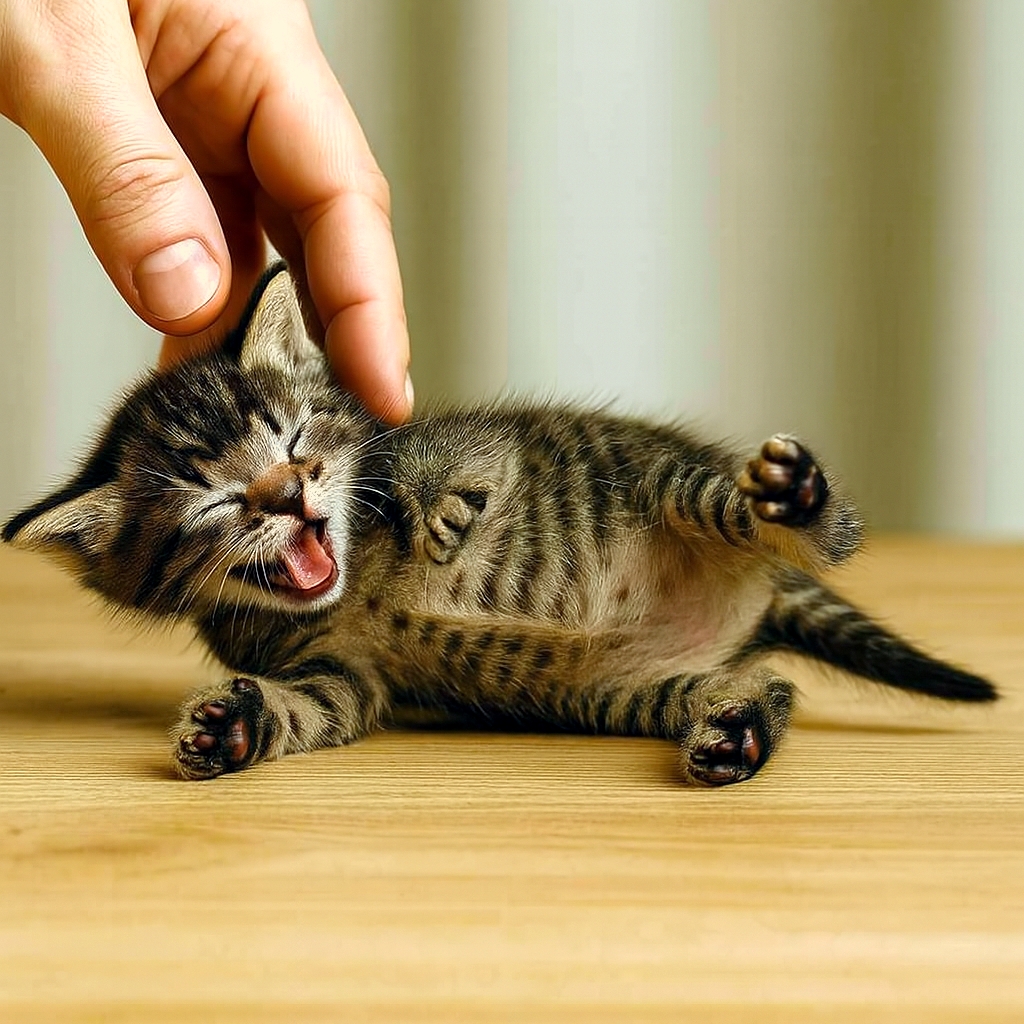 手のひらサイズの子猫がテーブルの上でお腹を見せて転がり、前足を空に伸ばして遊んでいる様子