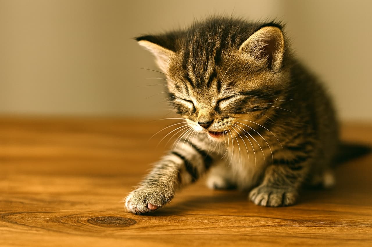 手のひらサイズのちび子猫が木のテーブルの木目や影を不思議そうにを肉球でトントンしたり触っている様子