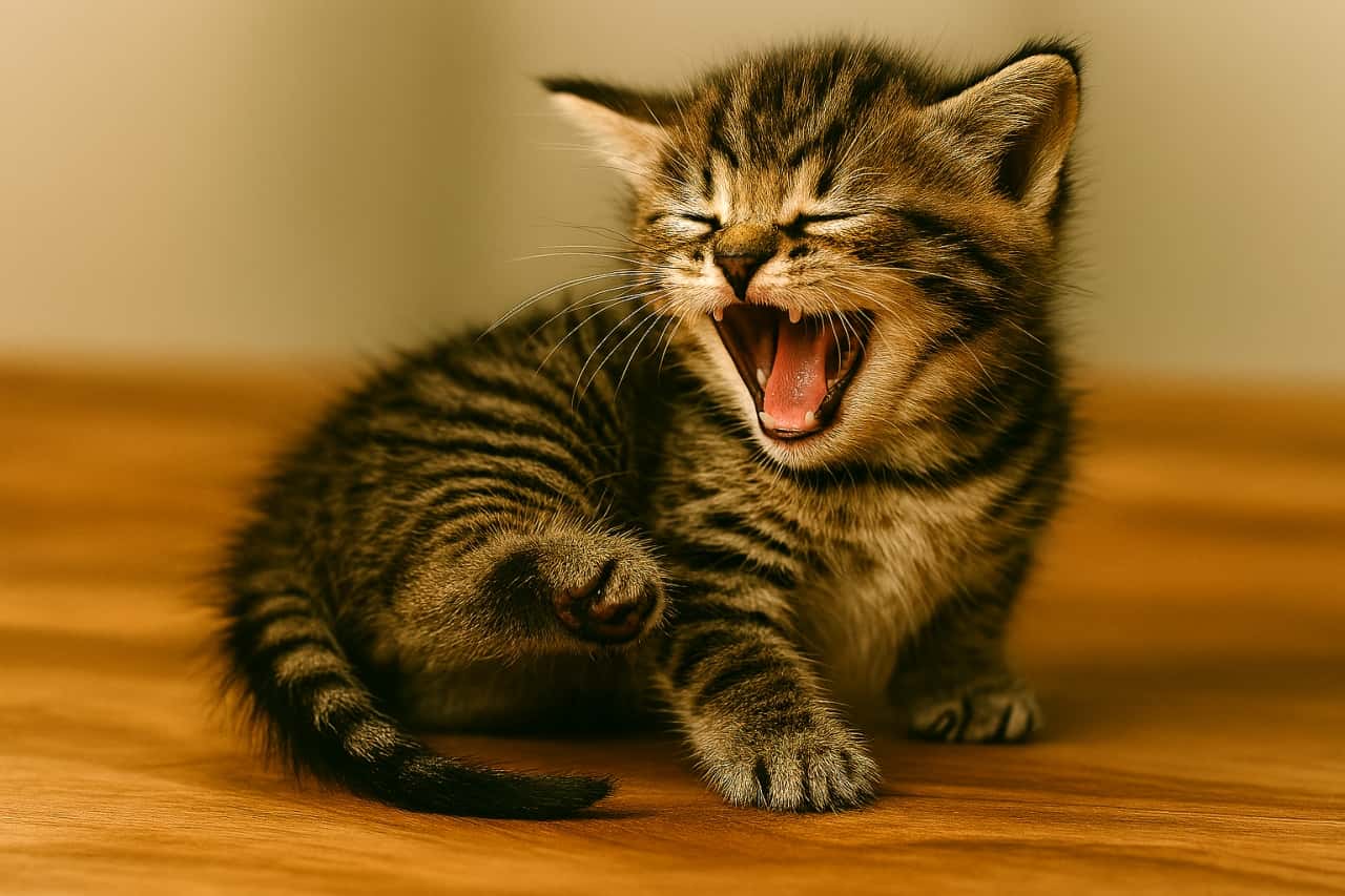 遊び疲れた手のひらサイズの子猫が口を大きく開け、乳歯が見える小さなあくびをしている瞬間
