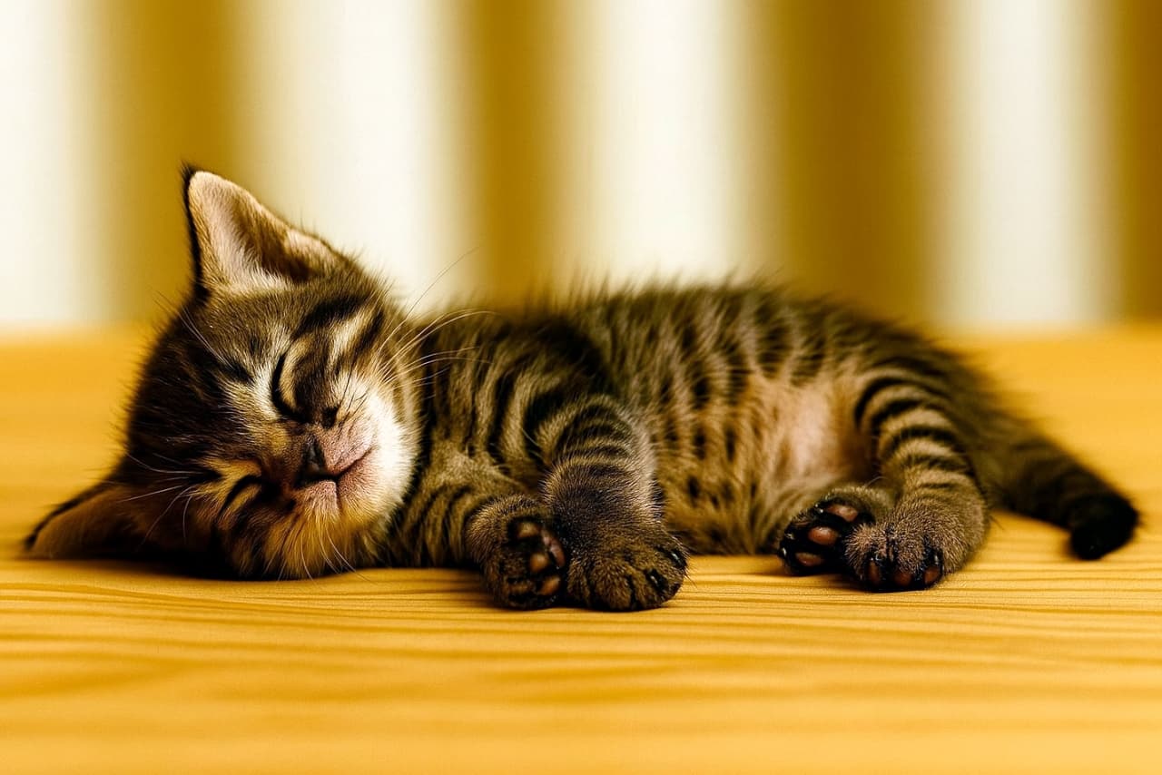 A palm‑sized tabby kitten lying on a wooden floor, eyes closed and mouth slightly open, captured in the moment of dozing off　手のひらより小さなちび子猫が木の床に横たわり、目を閉じて口を少し開けたまま、こてんと寝落ちした瞬間の姿