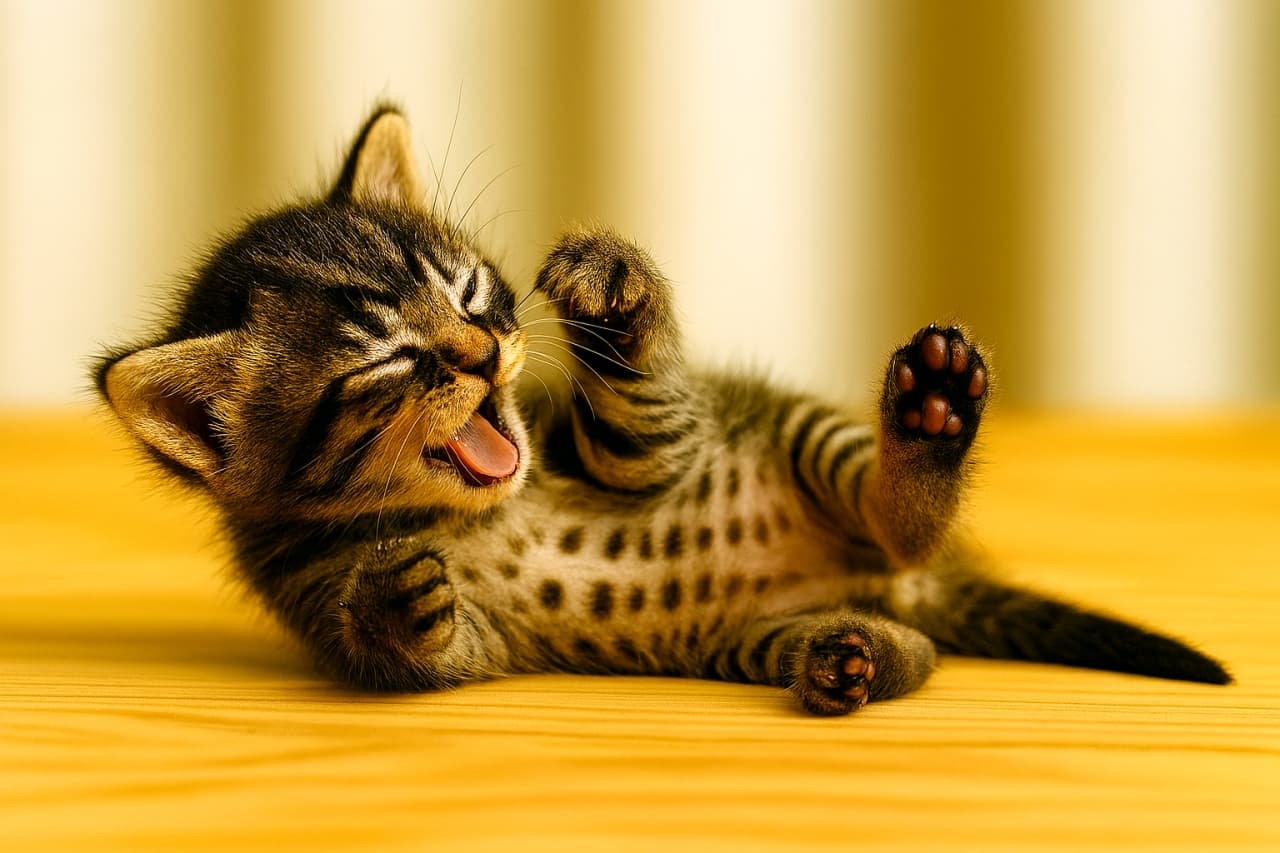 A palm‑smaller tabby kitten lying on its back on a wooden surface, eyes closed and mouth open, raising front and back paws in a playful motion　木の床で仰向けになった手のひらより小さなちび子猫が目を閉じ、口を開けて前足と後ろ足を上げながらコミカルに動く姿
