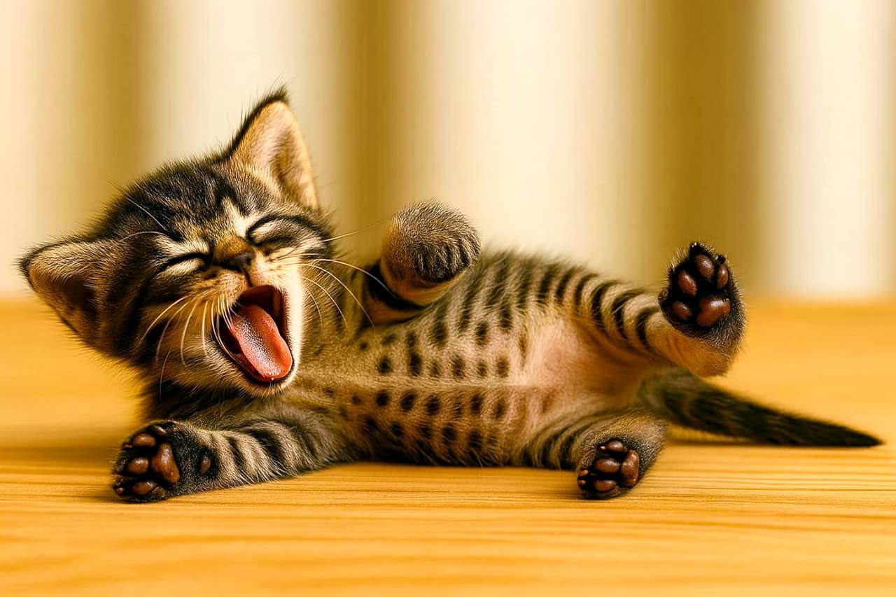 A palm‑smaller tabby kitten on a wooden floor, mouth wide in a tiny yawn with baby teeth visible　手のひらより小さなちび子猫が木の床で口を大きく開けて小さなあくびをし、乳歯がのぞいている様子
