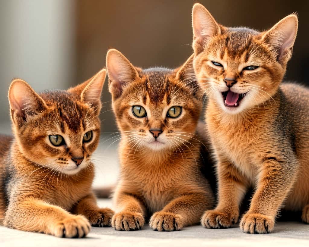3匹のアビシニアン子猫が明るい床の上で並んでいる。左の子猫は伏せて前を見つめ、中央の子猫は座って耳を立てている。右の子猫は口を開けて鳴いており、表情に動きがある