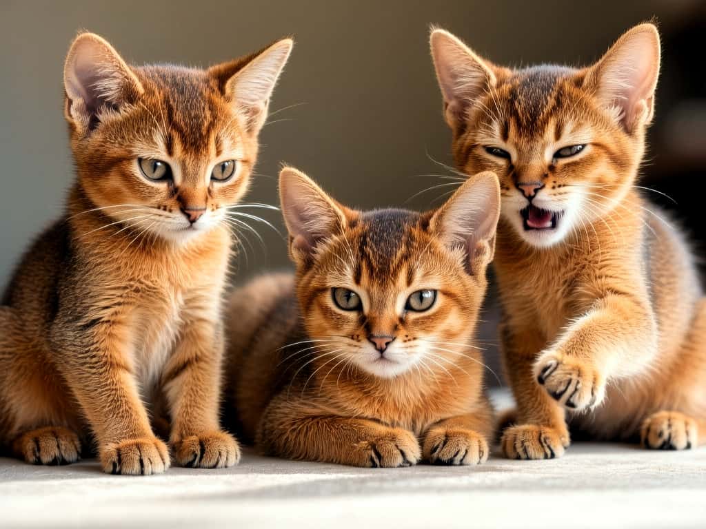 3匹のアビシニアン子猫。左は座って横を見つめ、中央は前足を伸ばして伏せて正面を見つめ、右は口を開けて鳴くように片足を上げている。赤みを帯びた毛並みと大きな耳が特徴的に映える
