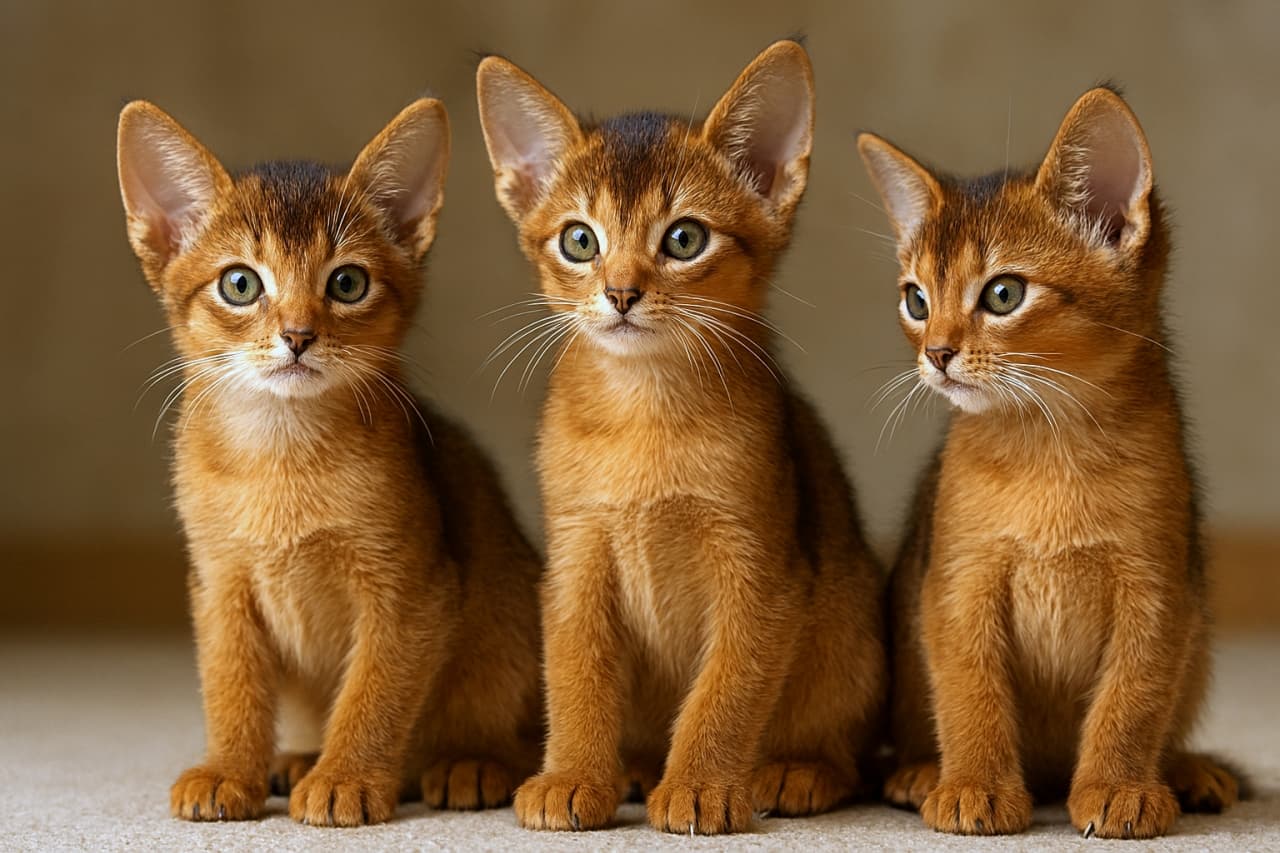 3匹のアビシニアン子猫が並んで座り、自然光に照らされた毛並みと大きな緑がかった瞳が際立つ。1匹は正面を見つめ、他の2匹は少し角度を変えて異なる表情を見せている