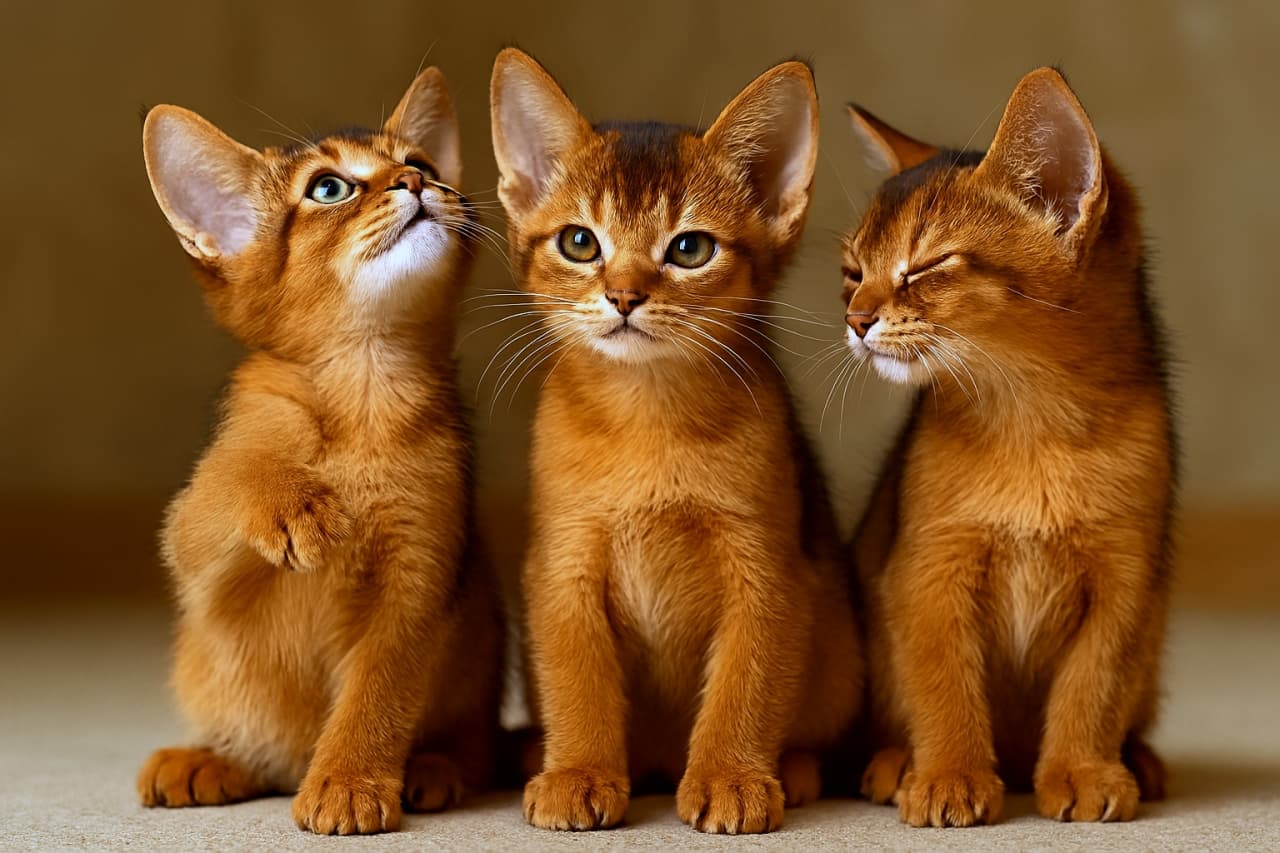 3匹のアビシニアン子猫。左の子は上を見上げ、中央の子は落ち着いた表情で正面を見つめ、右の子は中央の頬に寄り添うように身を寄せている。背景は柔らかな茶色で統一