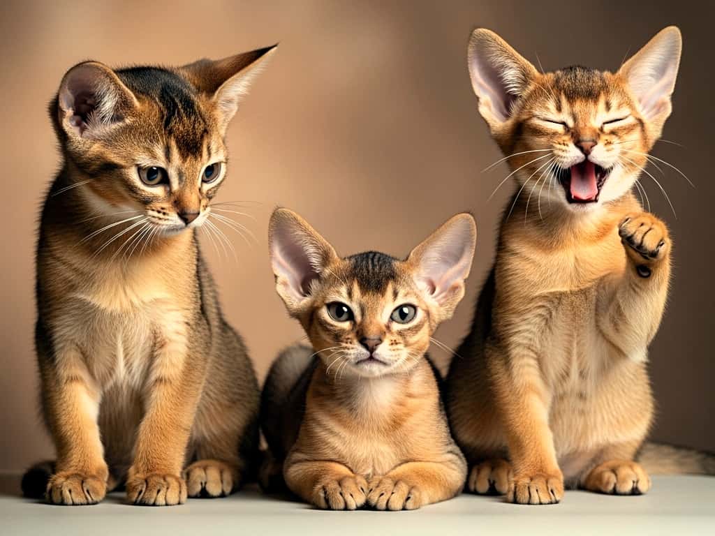 3匹のアビシニアン子猫。左は首をかしげて下を見つめ、中央はスフィンクスのように伏せてカメラを見る。右は前足を上げてあくびをしている。淡い床と柔らかな茶色の背景