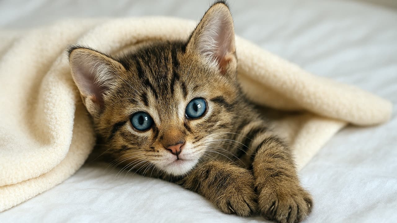 横向きに寝転がり、クリーム色の毛布に部分的に包まれたタビー柄の子猫。白いベッドの上で大きな青い目をカメラに向け、前足を重ねて穏やかにリラックスしている