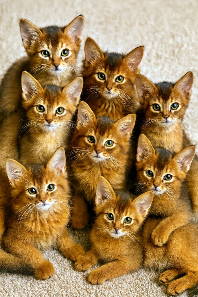 ラグの上にぎゅっと集まった、8匹のアビシニアンとソマリの子猫たち。全員がカメラをまっすぐ見つめている