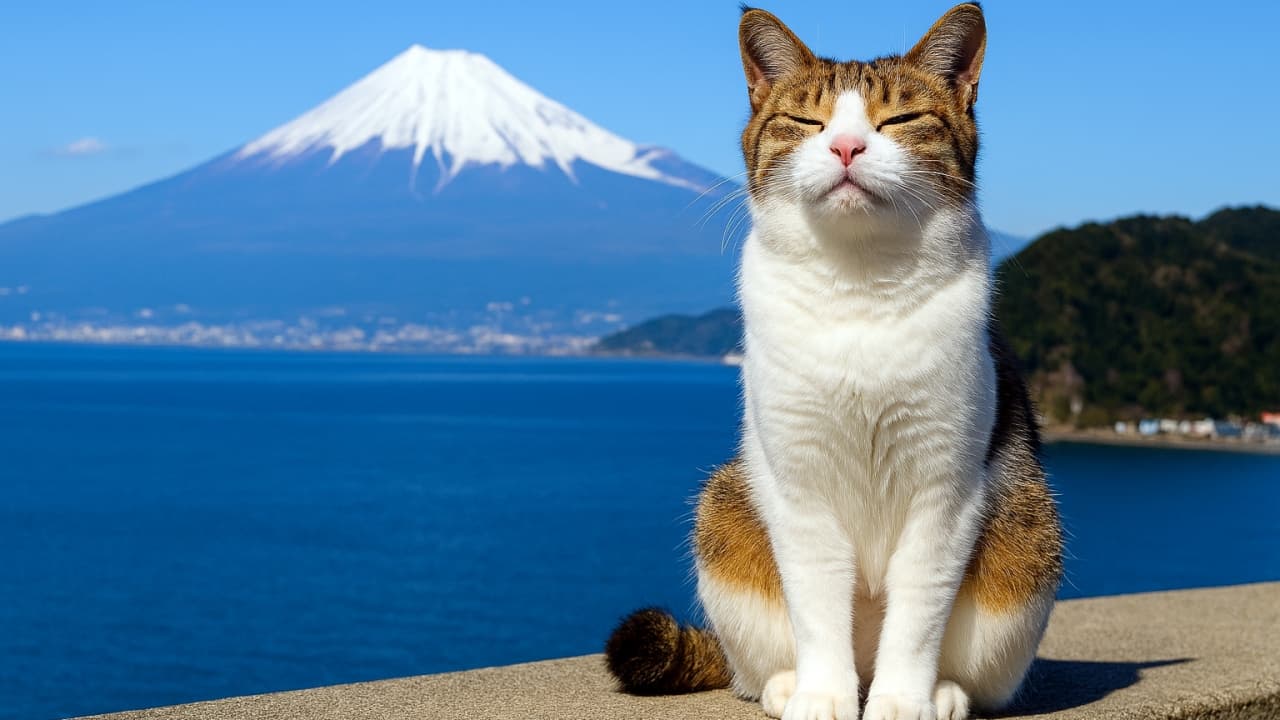 横長構図で広がる駿河湾と富士山を背景に、岩場に座る三毛のジャパニーズボブテイル。自信に満ちた表情で正面を見据え、港町の雰囲気を漂わせている