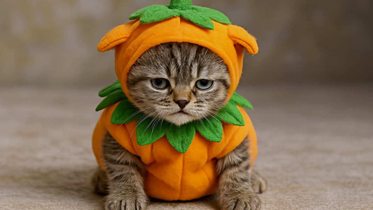 ハロウィンのかぼちゃ衣装を着た子猫がベージュのカーペットに座っている。横長構図で背景が広がり、秋らしい雰囲気 ハロウィンのかぼちゃ衣装を着た子猫がベージュのカーペットに座っている。横長構図で背景が広がり、秋らしい雰囲気