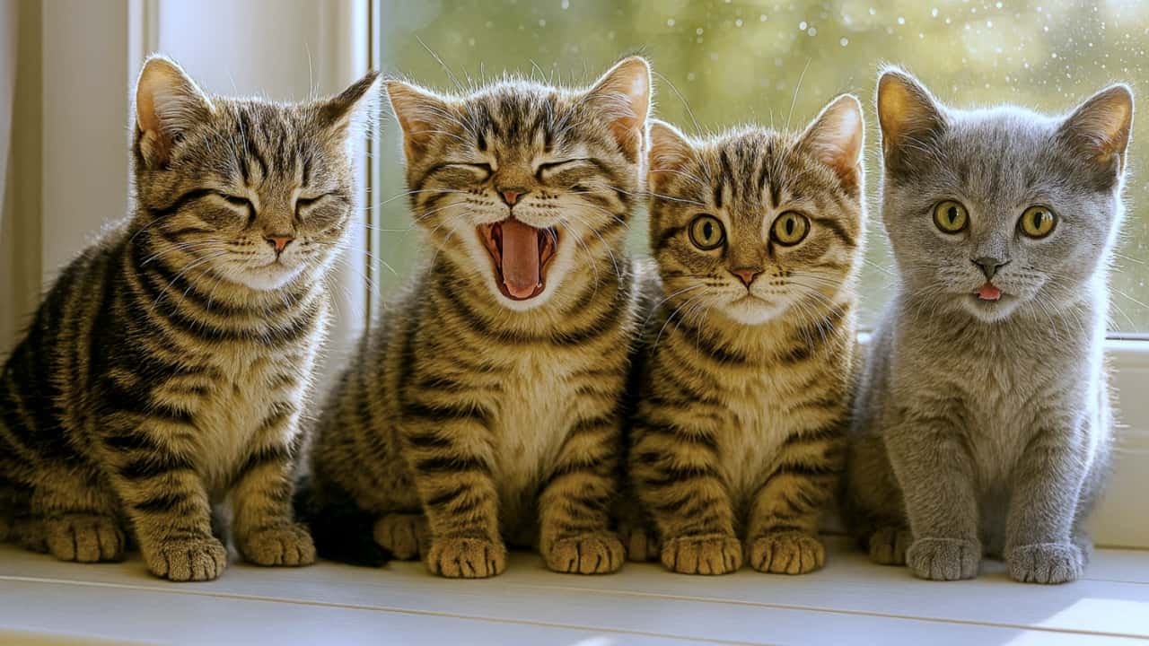 窓辺に並ぶ4匹の子猫。左のタビーは目を細めてリラックス、2匹目は大きなあくび、3匹目はカメラ目線で目を見開き、右端の灰色の子猫は舌を出している。背景は木漏れ日と柔らかな光