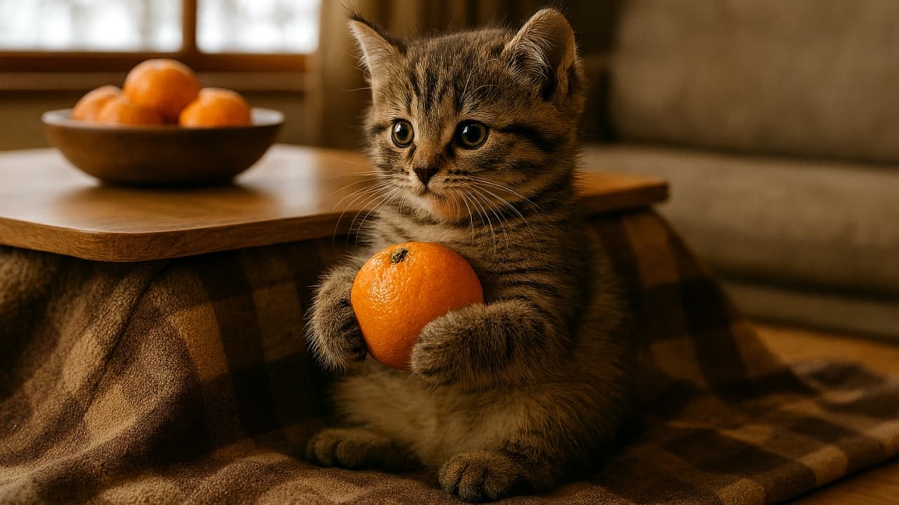 Wide kotatsu scene with a kitten holding a mandarin, a bowl of oranges behind, and snowy trees outside the window. 横長のこたつ風景の中、子猫がみかんを抱えて座っている。奥にはみかんの入った器と雪景色の窓