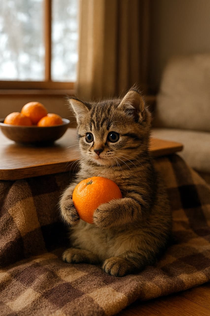 A tabby kitten holding a mandarin on a kotatsu blanket, with a snowy view outside and warm light filling the room. こたつ布団の上でみかんを両手に抱える子猫。窓の外には雪景色が広がり、部屋には冬のぬくもりが漂う