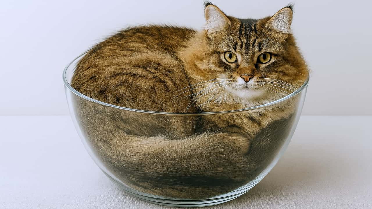 横長のガラスボウルに丸く収まったメインクーンが、落ち着いた表情でこちらを見つめている。左右に余白があり、静かな室内の空気感が漂う