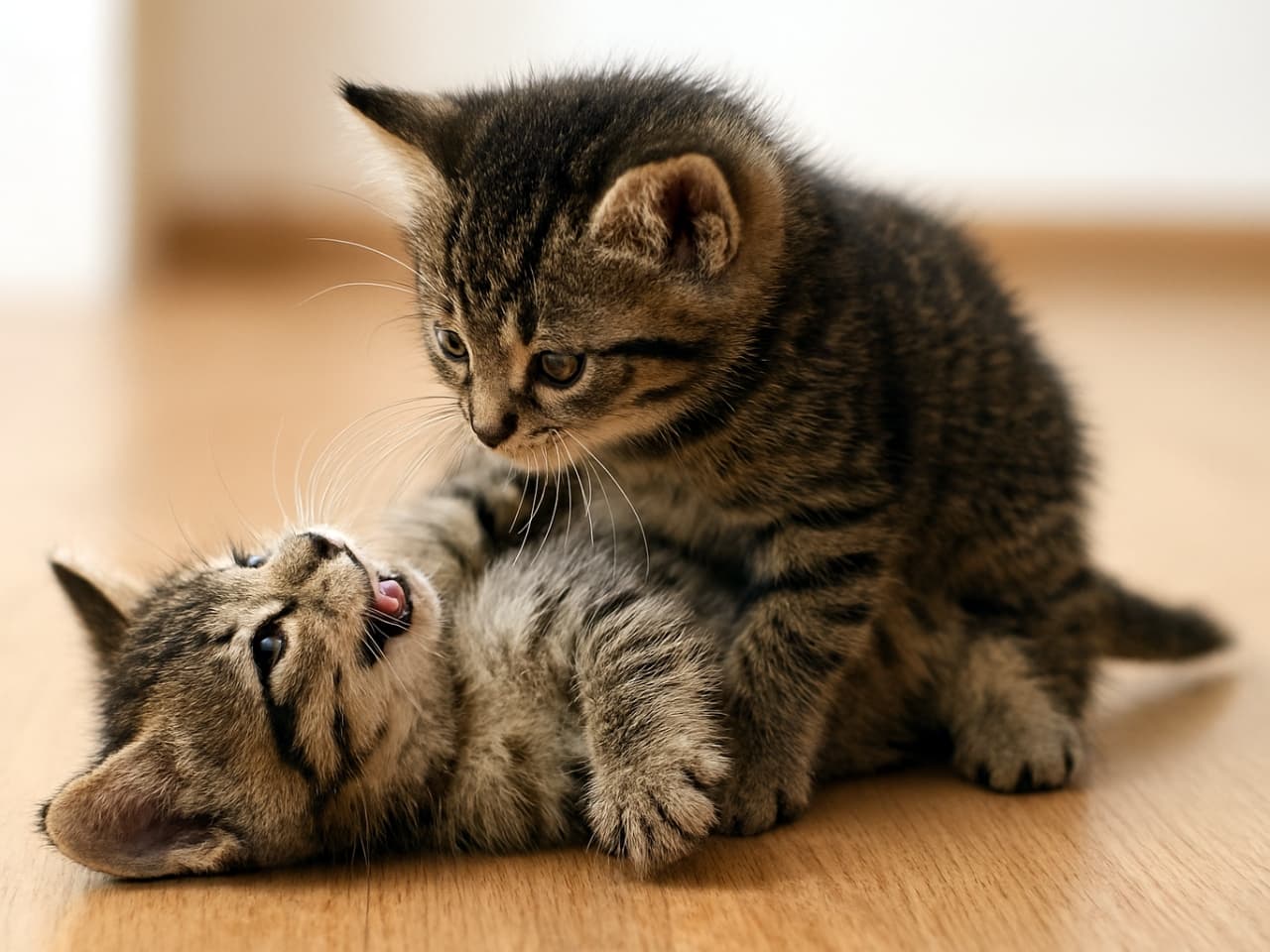 木目の床の上で、2匹の子猫がじゃれ合っている。1匹がもう1匹の上に乗り、前足で軽く押さえながら見つめ合っている。下の子猫は口を開けて笑っているような表情で、2匹とも好奇心と楽しさに満ちた様子。背景は柔らかくぼかされ、自然光が差し込む穏やかな室内