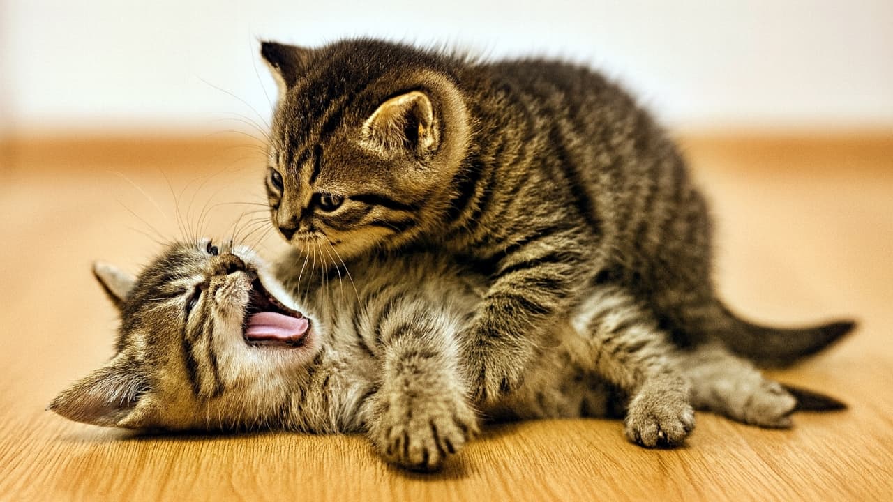 木の床の上でじゃれ合う2匹の子猫。1匹が仰向けになって口を開け、もう1匹がその上に乗って見つめ合っている。柔らかな毛並みと表情が、遊びの中の信頼と好奇心を感じさせる