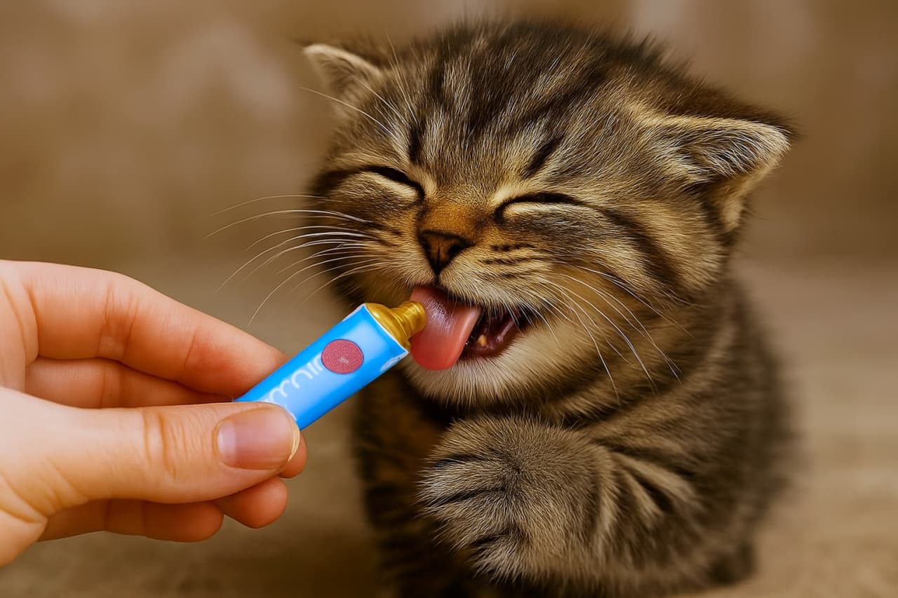 縞模様の子猫が衣装を脱いでリラックスしながら、おやつを夢中で食べている。満足そうな表情が愛らしい