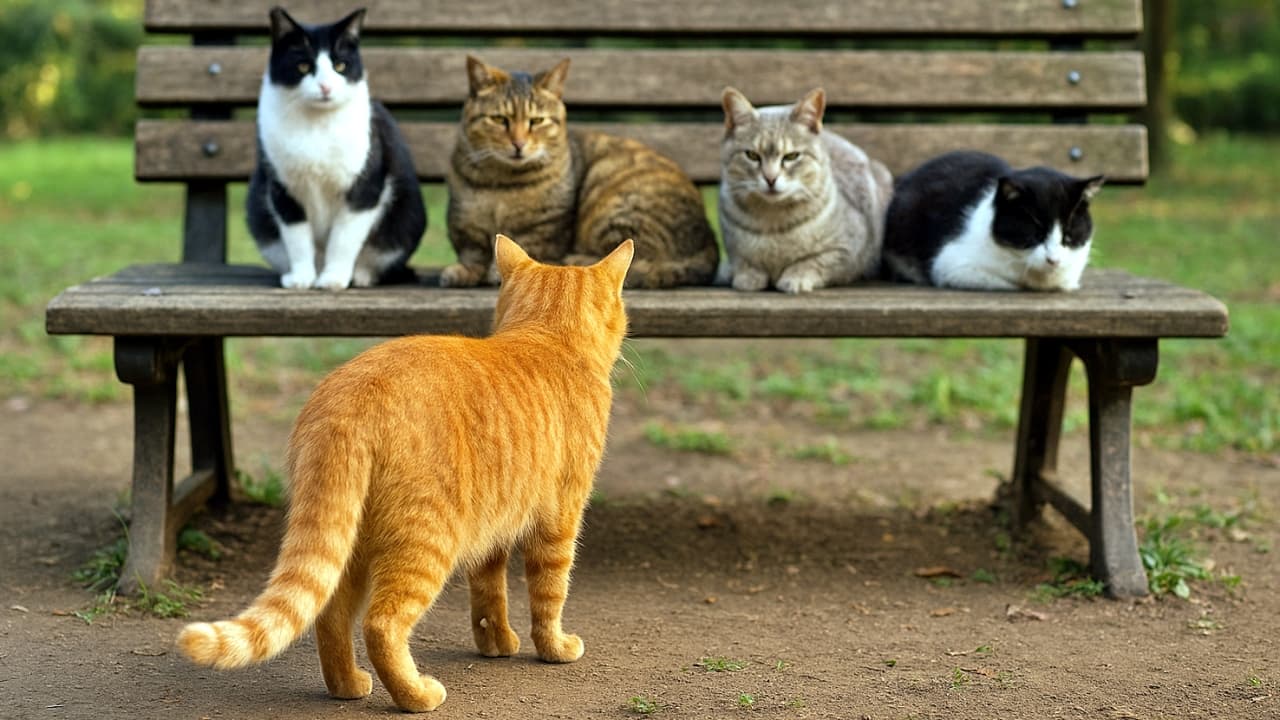 茶トラ猫が混雑したベンチに向かって歩いている後ろ姿。先客の猫たちは思い思いにくつろぎ、茶トラはまだ状況を把握していない様子。毛並みや光の陰影がリアルに描かれ、静かな期待と不安が交錯する瞬間
