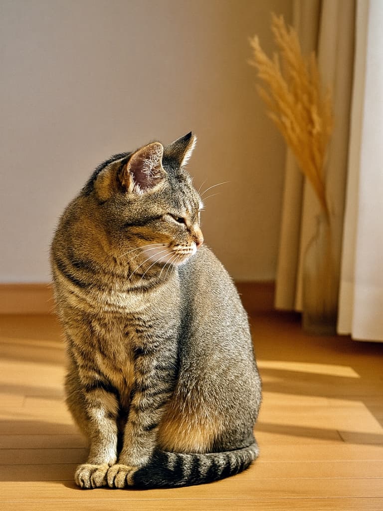 A tabby cat sits quietly on a wooden floor bathed in warm sunlight, facing left. A sheer curtain and dried flowers in the background evoke a peaceful indoor atmosphere. 木目の床に座るキジトラ猫が、夕陽に照らされながら左を向いて静かに佇んでいる。背景には白いカーテンとドライフラワーがあり、穏やかな室内の空気感が伝わる