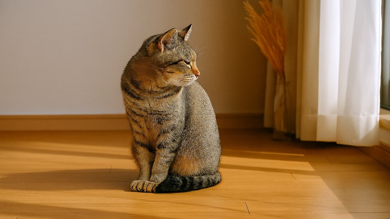 A tabby cat sits on a wooden floor, gazing right as golden sunlight streams in from the window. The curtain and pampas grass in the background add depth and tranquility to the room. A tabby cat sits on a wooden floor, gazing right as golden sunlight streams in from the window. The curtain and pampas grass in the background add depth and tranquility to the room. 右側から差し込む夕陽を浴びながら、キジトラ猫が木目の床に座って右を見つめている。カーテンとパンパスグラスが背景にあり、部屋の奥行きと静けさが感じられる