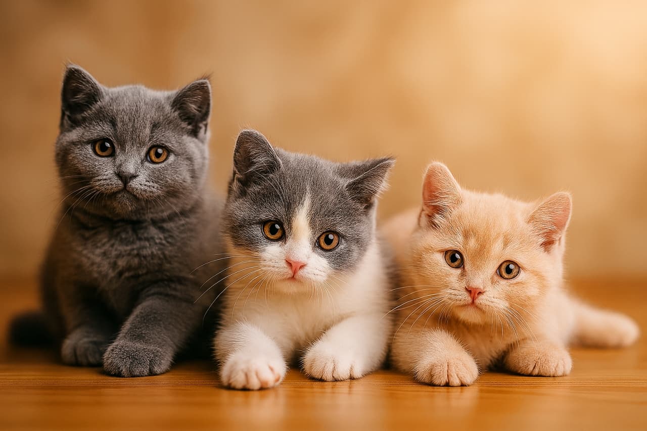 木の床に並ぶブリティッシュショートヘアの子猫3匹。左のブルーはきちんと座り落ち着いた雰囲気、中央のブルーホワイトは前足を伸ばして低く構え好奇心を示し、右のクリームホワイトは体を伸ばしてリラックスした姿勢。背景は柔らかくぼかされた暖色