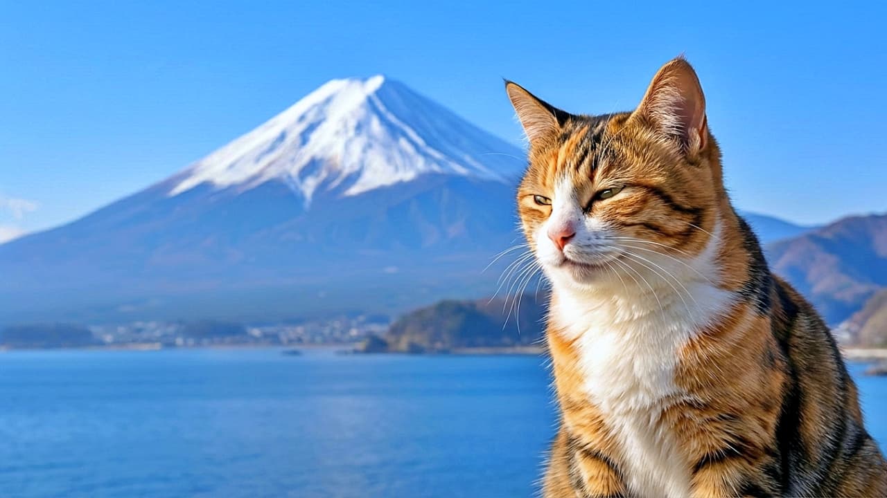 「富士山をバックに「う〜ん、いい気持ち!」絶景とポカポカ日差しで、最高のリラックスタイムニャ」A calico cat squinting happily in the bright sunlight, sitting against a backdrop of snow-capped Mount Fuji and a blue ocean under a clear sky. 雪を被った富士山と青い海を背景に、晴天の日差しの中で目を細めて気持ちよさそうにしている三毛猫の横顔