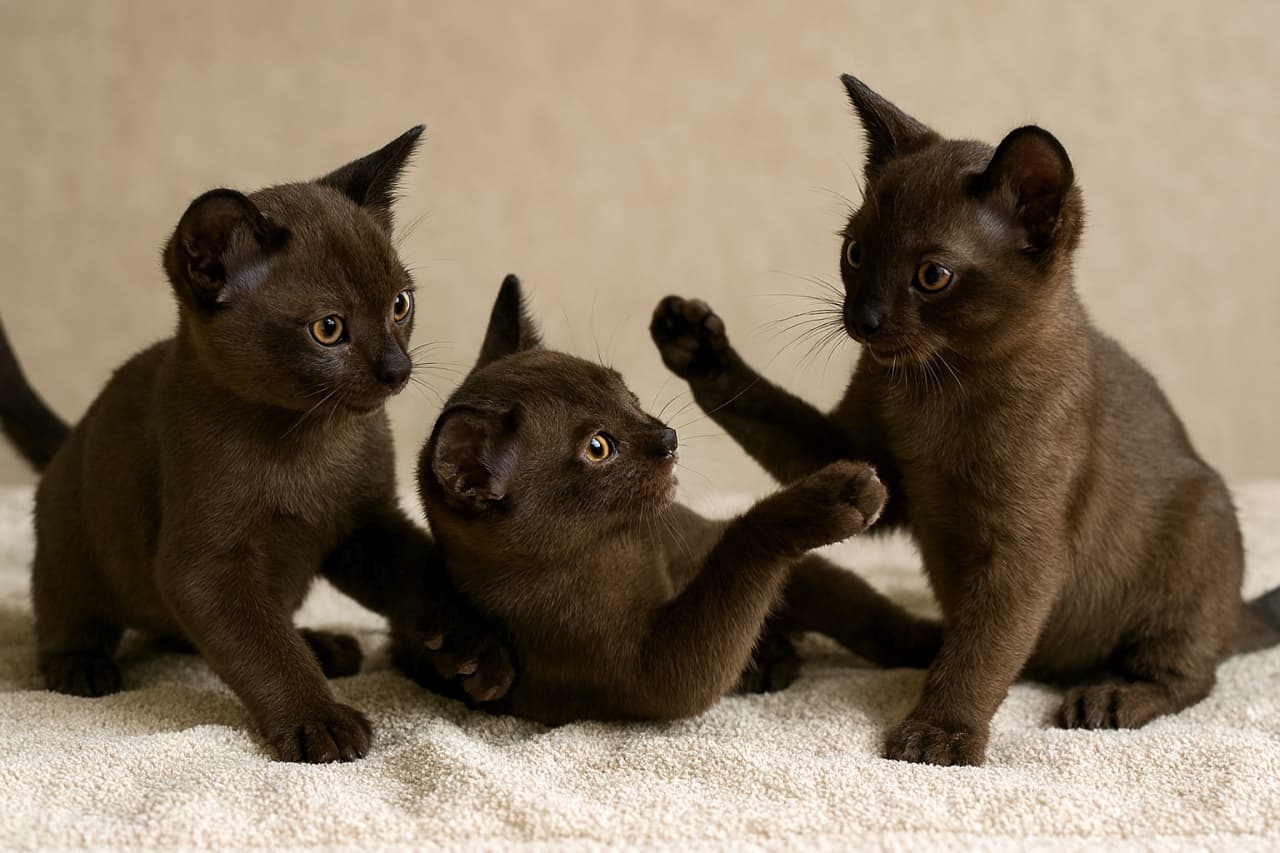 ヨーロピアンバーミーズの子猫３匹がクリーム色のタオルの上でじゃれ合っている。柔らかな自然光に包まれ、毛並みの艶やかさと表情の生き生きとした動きが強調されている