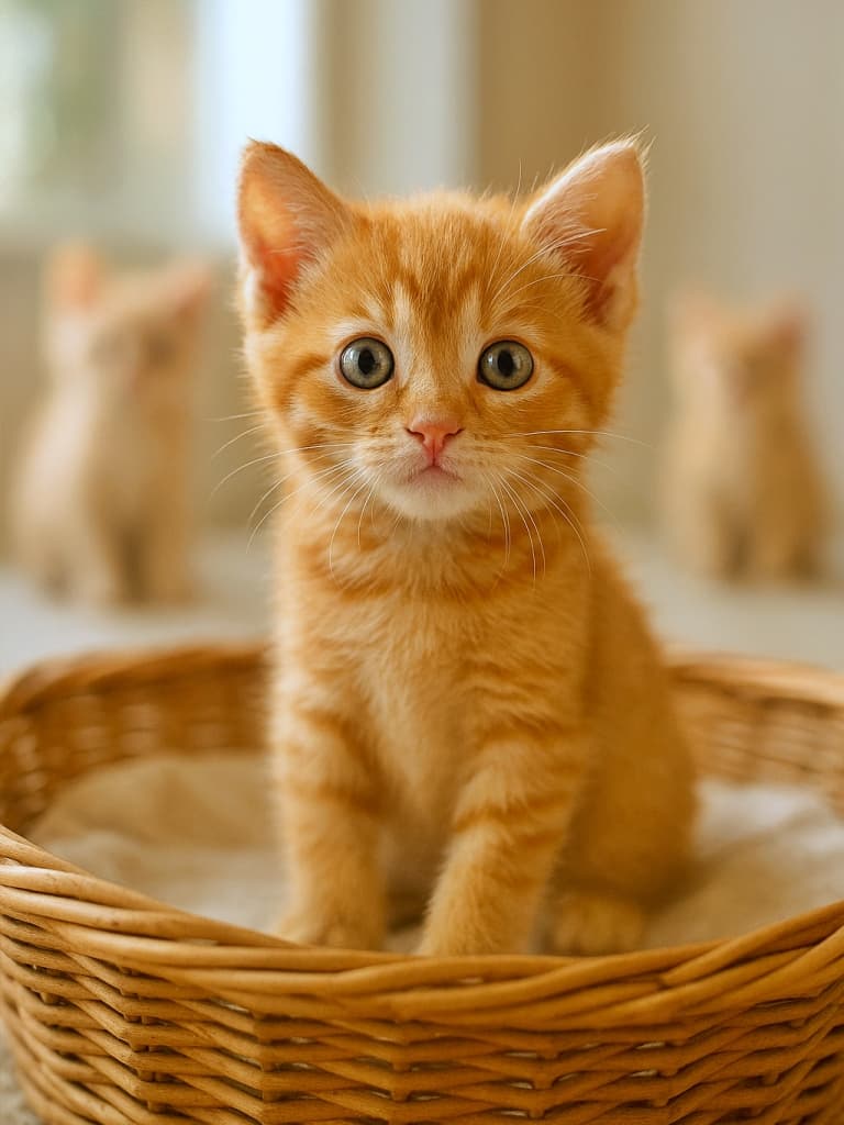 A warm orange kitten sits inside a wicker basket lined with soft cream fabric, gazing directly at the camera with wide, round eyes. In the softly blurred background, two other kittens add depth and a gentle gallery-like atmosphere. Natural sunlight streams from the side, highlighting the kitten’s fur and whiskers, creating a tender and vibrant mood filled with quiet curiosity. バスケットにちょこんと座るオレンジ色の子猫が、まっすぐこちらを見つめている。背景には柔らかくぼけた2匹の子猫が並び、自然光が差し込む部屋に温もりと奥行きを添えている。ふわふわの毛並みと丸い瞳が、見る人の心をそっと包み込むような一枚