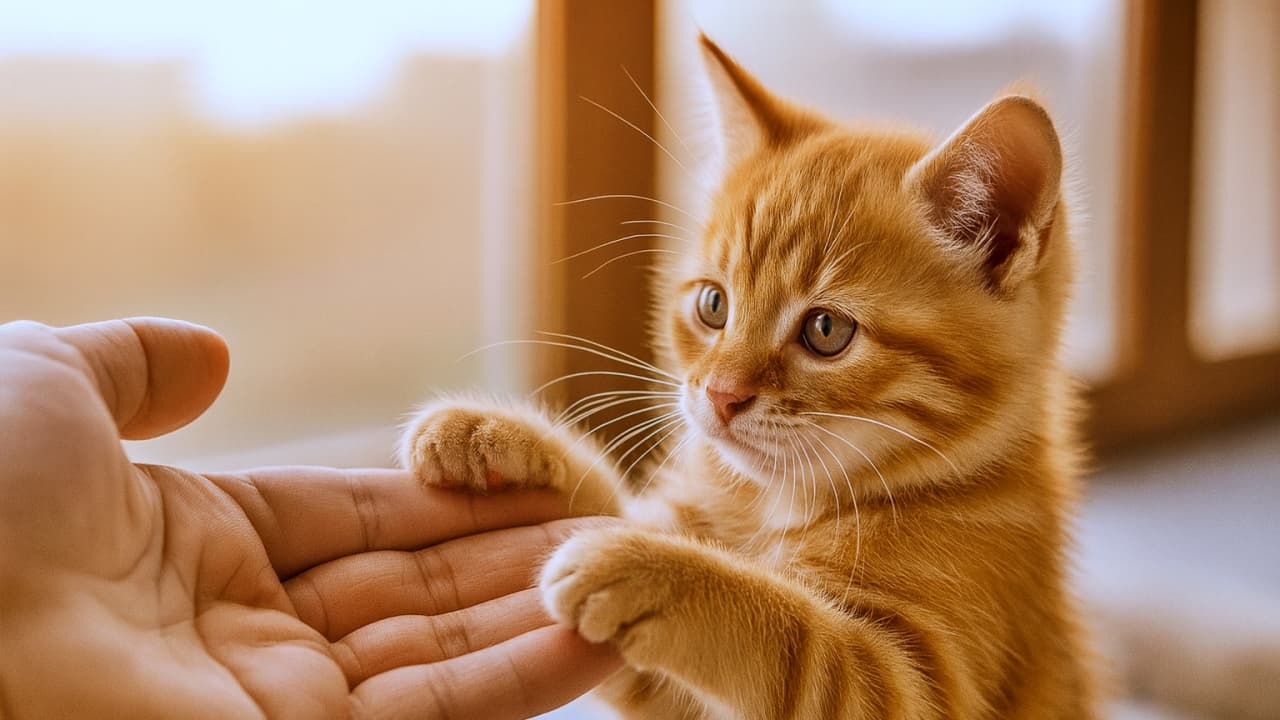 A small orange tabby kitten gently places its front paws on a human hand indoors, with a softly blurred background and natural light streaming through a window. A moment of trust and affection. オレンジ色のトラ猫の子猫が人の手に前足を優しく乗せている屋内シーン。背景は柔らかくぼかされ、窓から自然光が差し込んでいる。信頼と愛情を感じさせる瞬間
