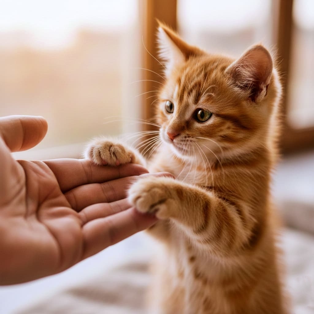 An orange tabby kitten gently places its front paws on a human hand indoors, near a sunlit window, capturing a moment of budding trust. オレンジ色のトラ猫の子猫が人の手に前足を乗せている屋内シーン。自然光が差し込む窓辺で、信頼の芽生えを感じさせる瞬間