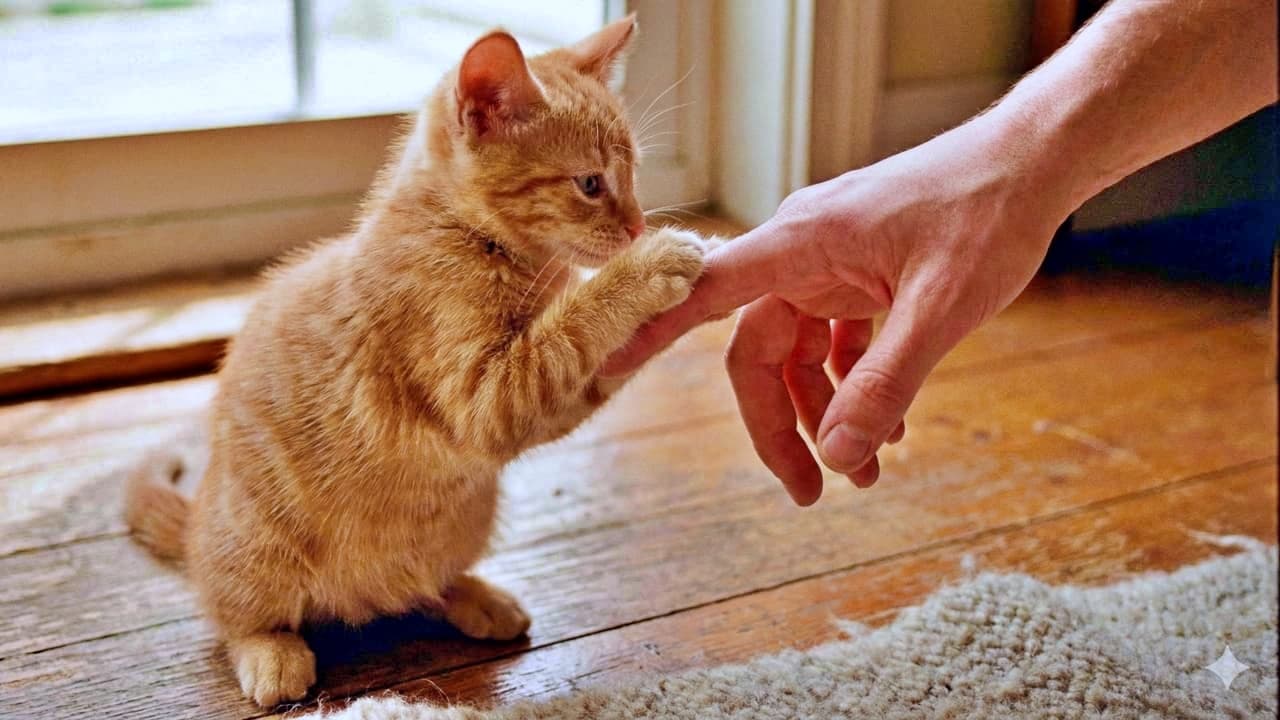 A small orange tabby kitten sits on a wooden floor near a window, bathed in natural soft light. The full body is visible, with its front paw gently pressing pink paw pads against a human finger. A textured white rug appears in the foreground, emphasizing a tender human–animal connection through subtle surface detail and photorealistic lighting. 小さなオレンジタビーの子猫が窓辺の木床に座り、自然な柔らかな光に包まれている。全身が見え、前足のピンクの肉球が人の指にそっと触れている。前景には質感のある白いラグが写り、繊細な質感描写とフォトリアリスティックなライティングが、人と動物の温かなつながりを強調する