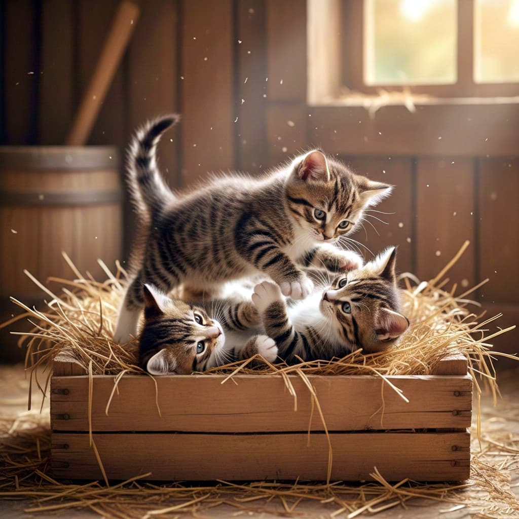 Three tabby kittens play in a straw-filled wooden crate inside a barn. One pounces while another watches, all bathed in warm sunlight. 納屋の木箱の中で藁に包まれながら遊ぶ3匹のトラ猫の子猫。ひとりがじゃれつき、もうひとりが見守る姿が、温かな光に包まれている