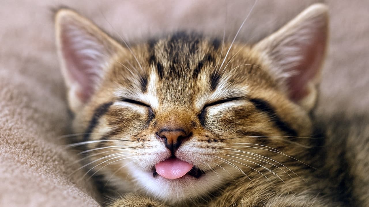 A brown tabby kitten resting with its tongue peeking out, eyes closed in total relaxation on a cozy blanket. 茶トラの子猫が毛布の上で目を閉じ、舌を少し出してリラックスしている様子