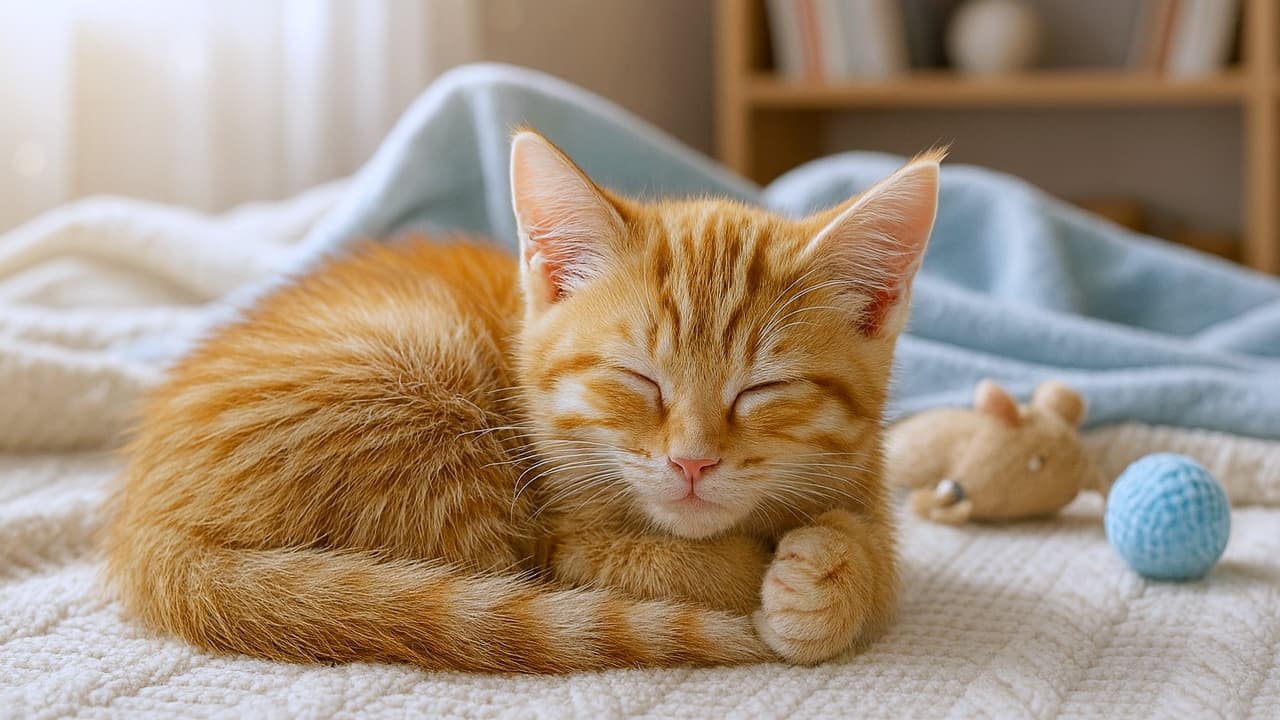 A sleeping orange tabby kitten curled up on a cream-colored knit blanket, with a soft blue throw, cat toys (beige mouse and blue ball), and a wooden bookshelf in the background bathed in warm light. 眠るオレンジタビーの子猫が、編み目の美しいクリーム色の毛布の上で丸くなっている。背景には青いブランケットと猫用おもちゃ（ベージュのネズミと青いボール）、木製の本棚があり、暖かな光が部屋全体を包んでいる
