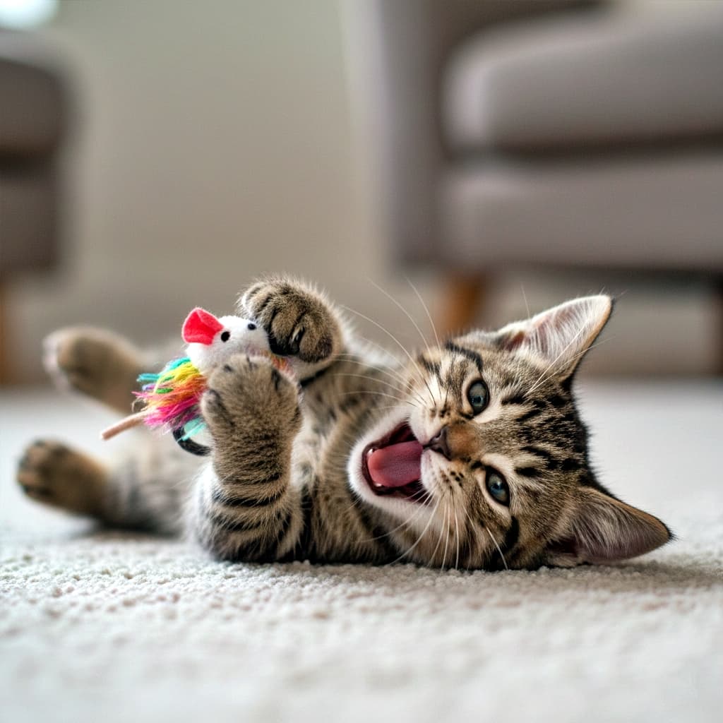 Photorealistic image of a tabby kitten lying on its side on a carpeted floor, holding a small mouse-shaped toy with a colorful tail between its front paws, mouth open and eyes looking toward the camera in a warm indoor setting. キジトラの子猫がカーペットの上で横になり、前足でカラフルな尻尾の付いたネズミのおもちゃを抱えているフォトリアルな画像。口を開け、カメラの方を見つめていて、室内の温かな雰囲気が伝わってくる