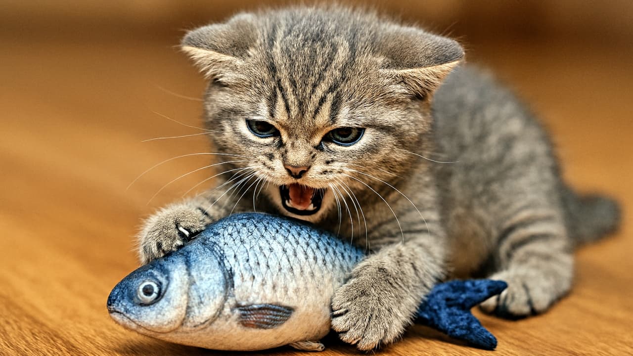 「本気モード突入！グレー子猫、魚に牙むく！」A gray tabby kitten with flattened ears bites and claws a realistic fish toy on a wooden floor, expressing intense play aggression with wide eyes and open mouth. 耳を伏せたグレーのトラ猫の子猫が、木製の床の上でリアルな魚のおもちゃに噛みつき、爪を立てて激しく遊んでいる様子。目を見開き、口を開けて攻撃的な表情を見せている
