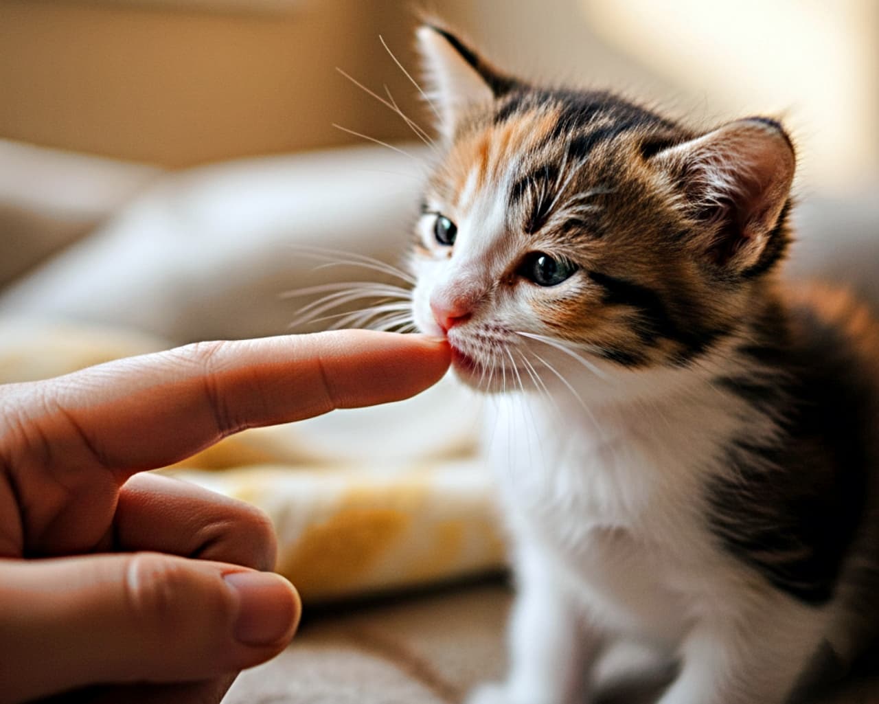 小さな三毛子猫が人の指を優しく鼻先でくんくんしている様子。柔らかな光に包まれた温かい雰囲気