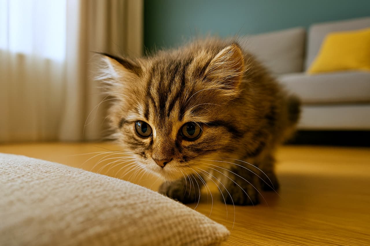 Photorealistic side view of a fluffy kitten leaning forward to sniff a soft cushion on a hardwood floor in a cozy living room. The kitten’s whiskers and nose are shown in profile, with the cushion slightly out of focus in the foreground. ふわふわの子猫が横からの視点でクッションに鼻を近づけて匂いを嗅いでいる様子。ヒゲが前方に伸び、鼻先と表情が鮮明に写り、背景のリビングは柔らかくぼかされている。