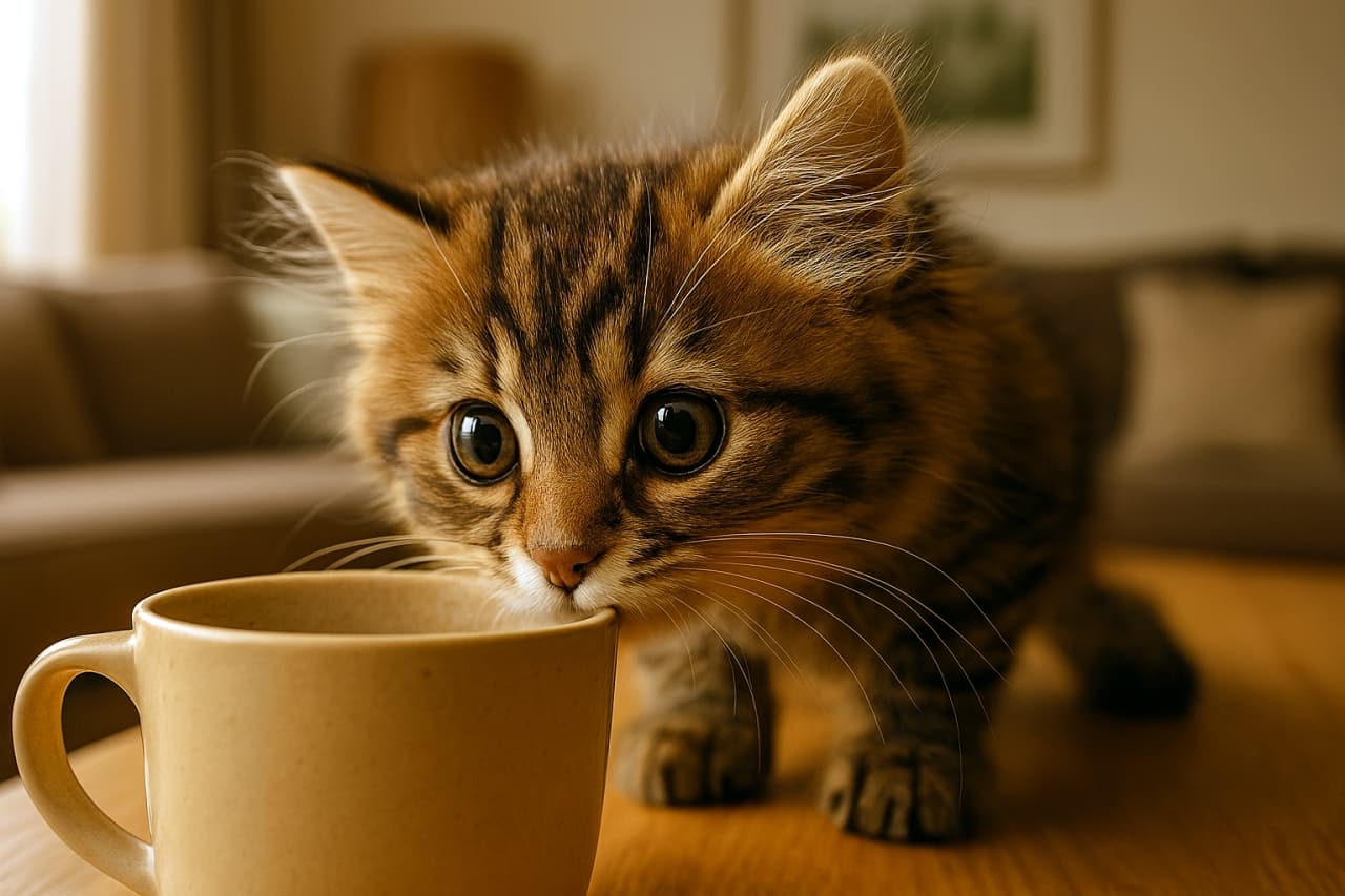 Close-up photorealistic image of a fluffy tabby kitten with round eyes and whiskers forward, nose nearly touching a ceramic coffee mug on a wooden table, blurred sofa and window in background. フォトリアルなクローズアップで、ふわふわの子猫が丸い目と前に伸ばしたひげを見せながら、鼻を陶器のコーヒーマグに近づけている。木のテーブルの上で、背景のソファと窓はぼかされている。