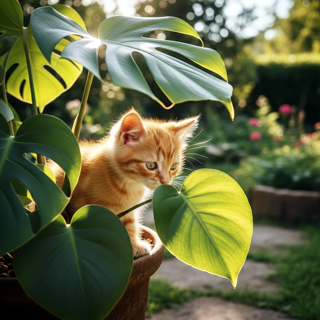 大きな鉢植えの中に座るオレンジ色の子猫。周囲にはモンステラの葉が茂り、木漏れ日が子猫の毛並みと葉の質感を柔らかく照らしている。背景には石畳と花が見え、穏やかな庭の雰囲気を感じさせる。An orange tabby kitten sitting inside a large flower pot, surrounded by lush monstera leaves in a sunlit garden with stone pathway and blooming flowers.