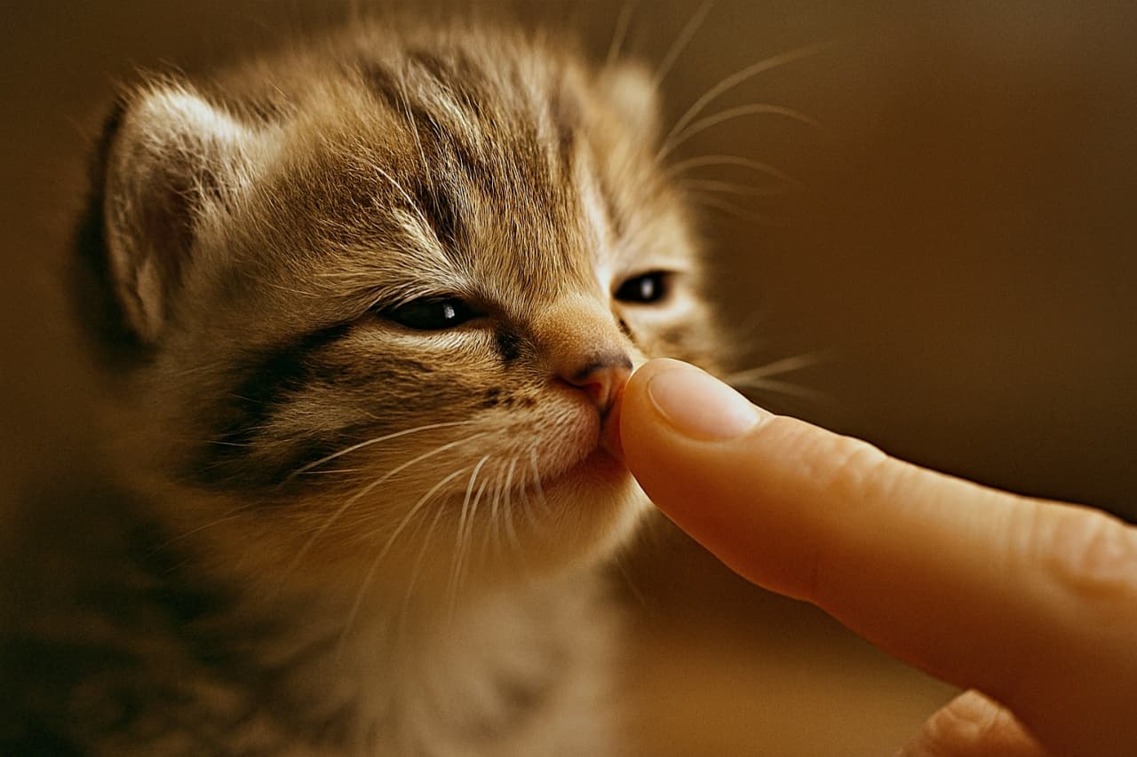 小さな縞模様の子猫が、人の指で鼻先を優しく触れられている様子。柔らかな光に包まれた親密で温かな雰囲気。 A tiny striped kitten being gently touched on the nose by a human finger, in warm soft light creating a tender and intimate mood.