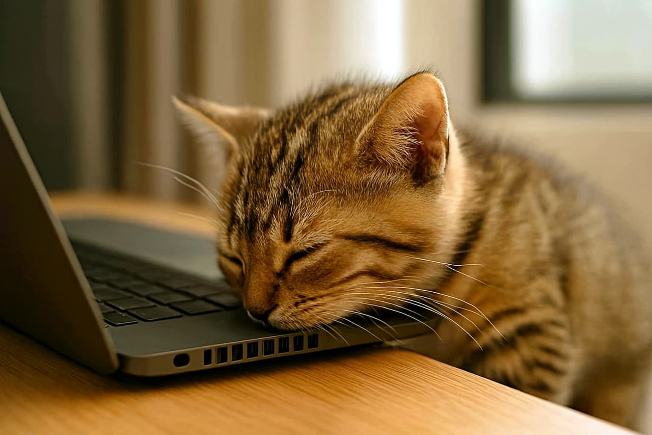 ノートパソコンのキーボードに鼻を近づけ、ひくひくと動かして匂いを確かめる子猫：Tabby kitten sniffing closely at a laptop keyboard, nose twitching with curiosity