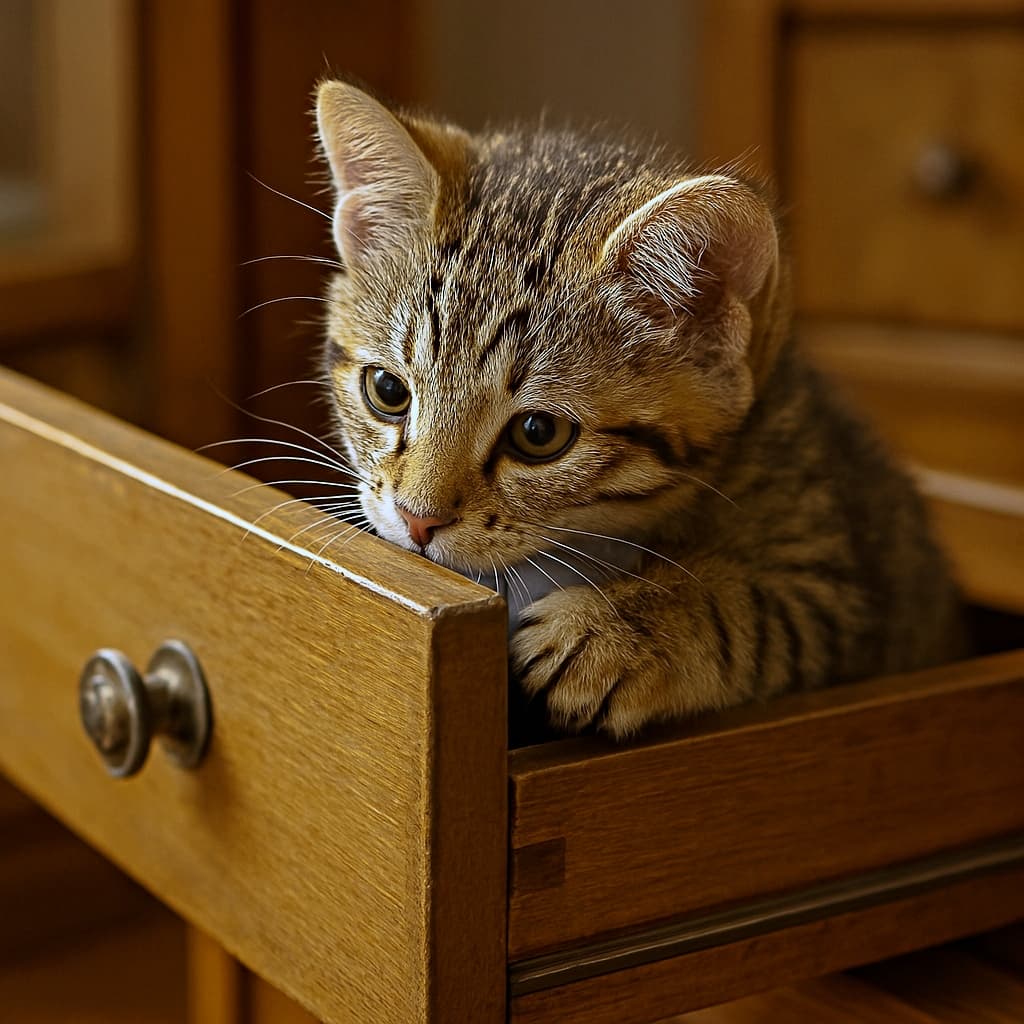 木製の引き出しに座り、縁をかじるように見つめる子猫：Tabby kitten sitting in a wooden drawer, gently biting the edge　A curious tabby kitten sits inside an open wooden drawer, resting its front paws on the edge while sniffing and nibbling the wood, with warm lighting creating a cozy atmosphere.