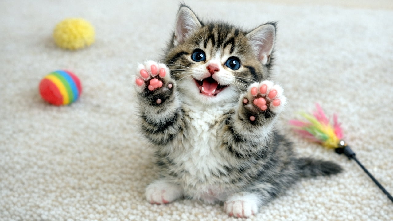 「遊びたいにゃん！生後2ヶ月の子猫が、広いカーペットでおねだりポーズ。両手を高く挙げて全力の遊んでアピール。ボールも羽もあるよ🐾🎾」A photorealistic horizontal photograph of the same scene. The tabby-and-white kitten, sitting on the beige carpet, raises both front paws to show its pink paw pads to the camera in the same begging gesture, mouth open. The wider horizontal frame captures more of the surrounding carpet texture and shows the yellow and rainbow ball toys and feather toy positioned slightly further away from the kitten. 同じシーンの写実的な横長の写真。カーペットの上に座るキジトラ白の子猫が、両前足を高く上げてピンク色の肉球をカメラに向け、同じようにおねだりするポーズをとっている。子猫は口を開けて鳴いている。横長のフレームにより、子猫の周りのカーペットのテクスチャがより広く映し出されており、背景の黄色と虹色のボール、羽のおもちゃが子猫から少し離れて配置されている