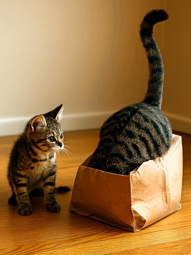 Two tabby cats on a wooden floor, one diving headfirst into a brown paper bag, the other kitten watching curiously with wide eyes.